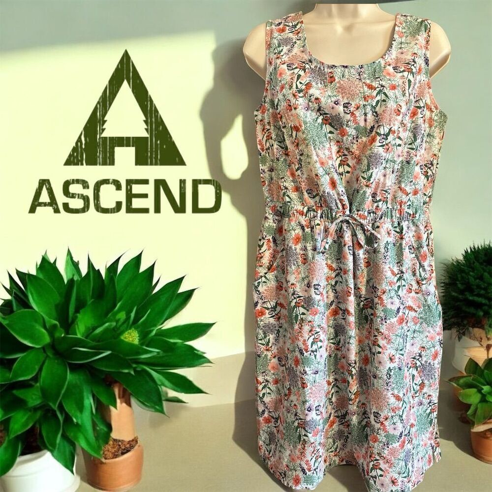 Ascend Floral Spring Sleeveless Scoop Neck Quick-Dry Pockets Athletic Dress